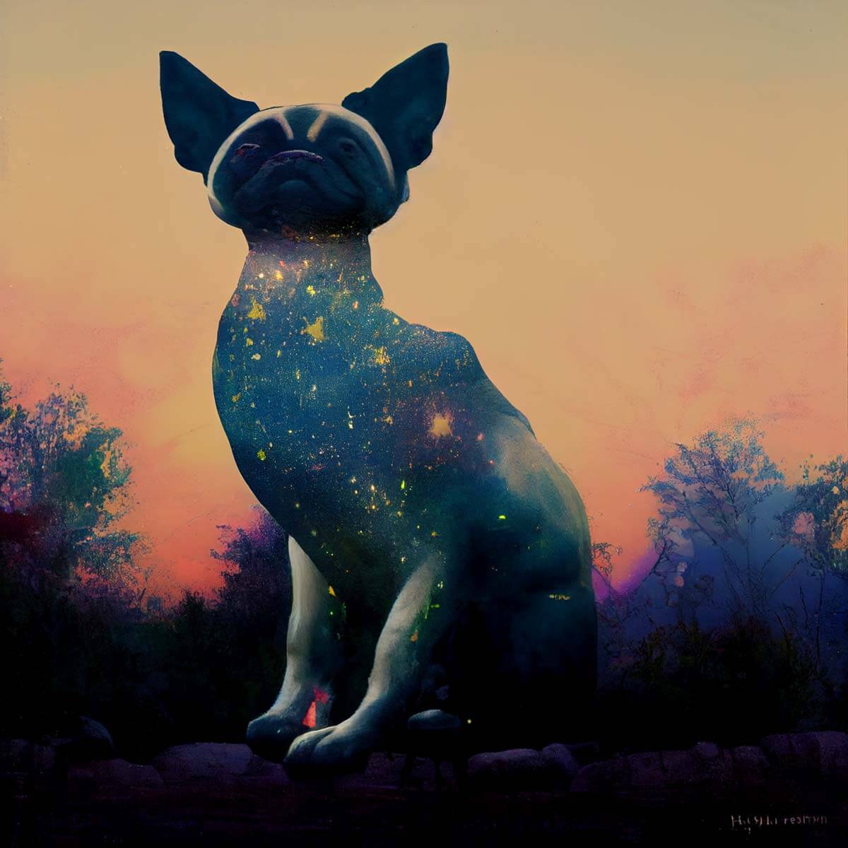 Artistic drawing of a giant fantasy siamese-like cat with stars on his skin, sniffing the air