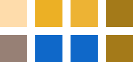 Two rows of four colored squares. The first row consists of sand color, ochre yellow, slightly lighter ochre yellow and yellow-brown. The second row consists of taupe, blue, blue and yellow-brown.