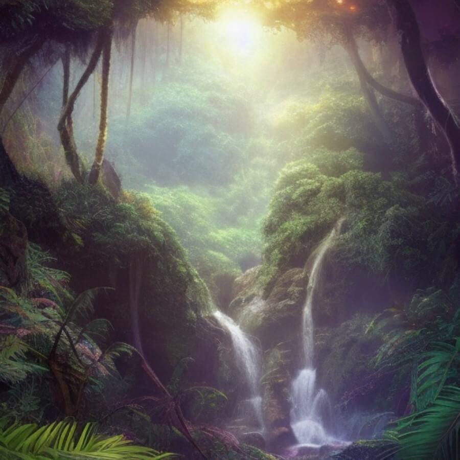 Classic painting of a waterfall in a forest and rays of sunlight coming in