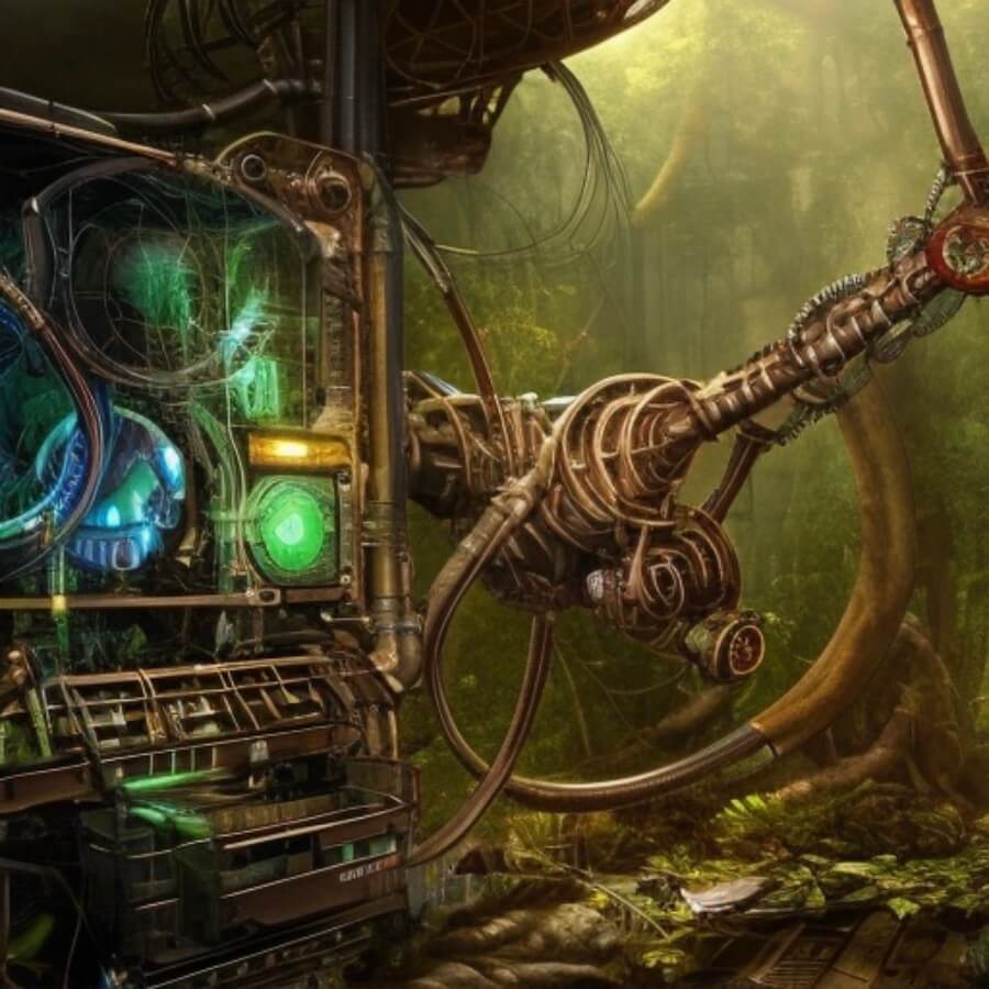 An overgrown dystopic ancient machine with green and blue lights in the jungle.