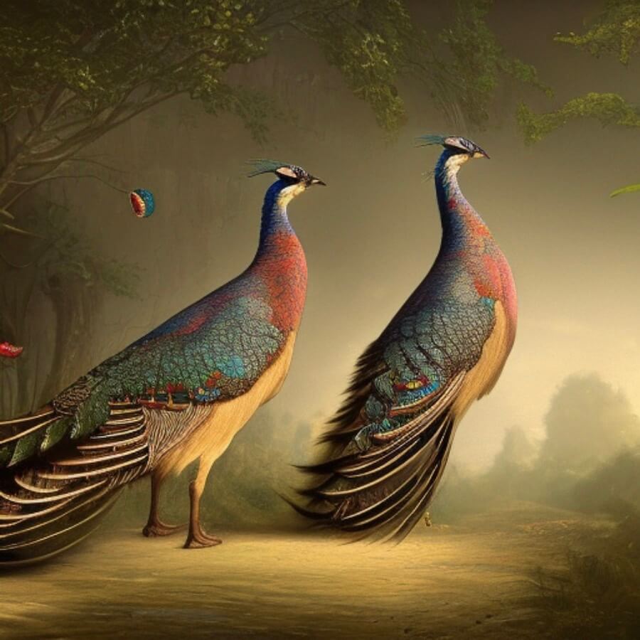 Painting of two fantasy pheasants looking right