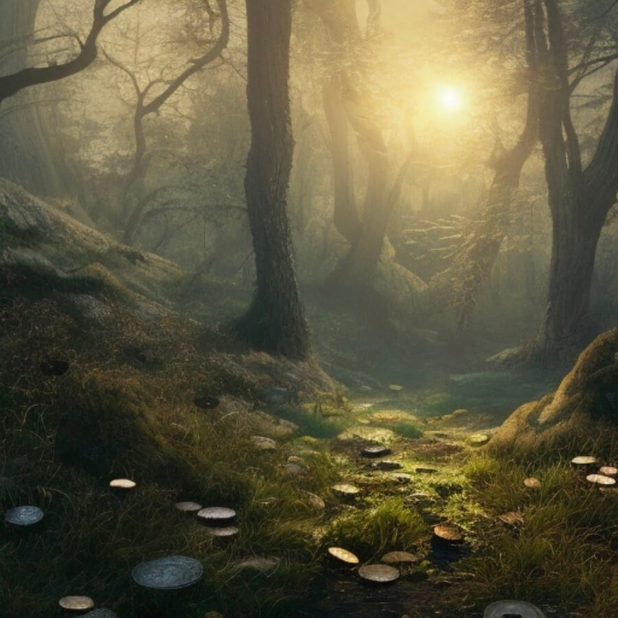 Paiting of lots of coins lying around on a forest floor
