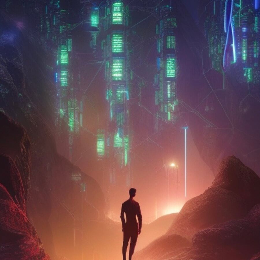 A single person in a dark dystopian city, looking at fog that lights up pink, and green windows.