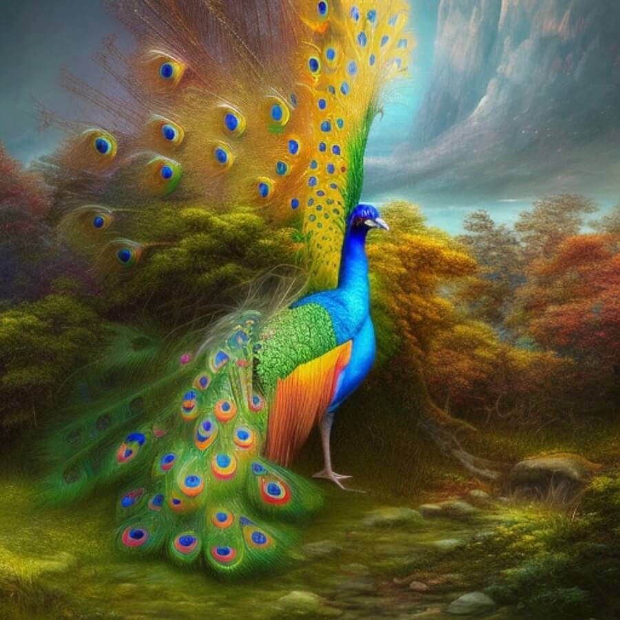 Classic painting of a huge fantasy peacock