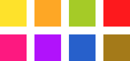 Two rows of four colored squares. The first row consists of the colors yellow, orange, green and red. The second row consists of fuchsia-pink, purple, blue and yellow-brown.