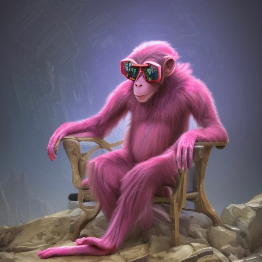 Painting of a dystopian pink chimpanzee with orange rimmed goggles.