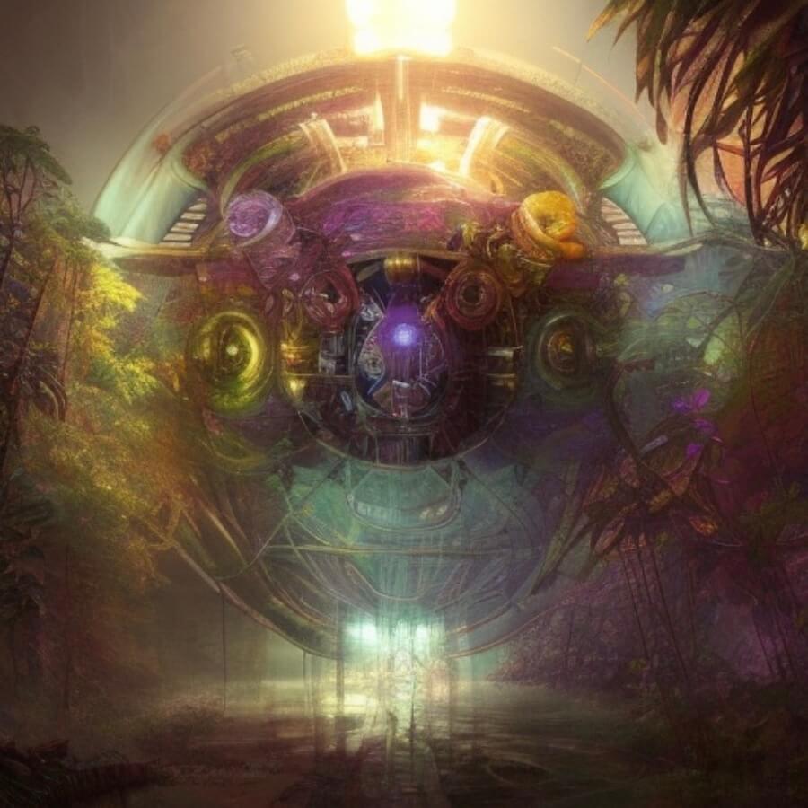 Painting of a fantastic sphere like space machine floating in a jungle