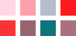 Two rows of four colored squares. The first row consists of very light pink, slightly darker pink, light gray and bright red. The second row consists of bright red, dark mauve, dark green and slightly lighter mauve.