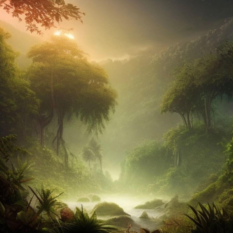 Painting of a deep green fantasy forest with a white glowing lake and the sun rising