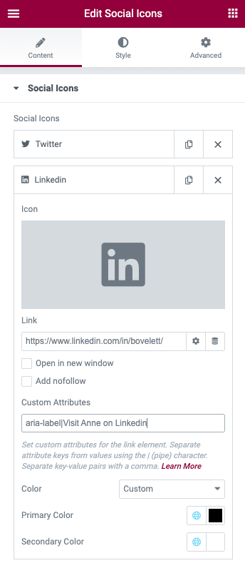 Screenshot of the Elementor settings panel for the Social Icons