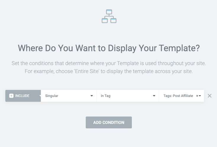 Settings for Elementor display condition based on a post tag, screenshot