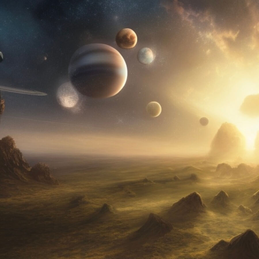 Painting of a group of planets in a fantasy universe