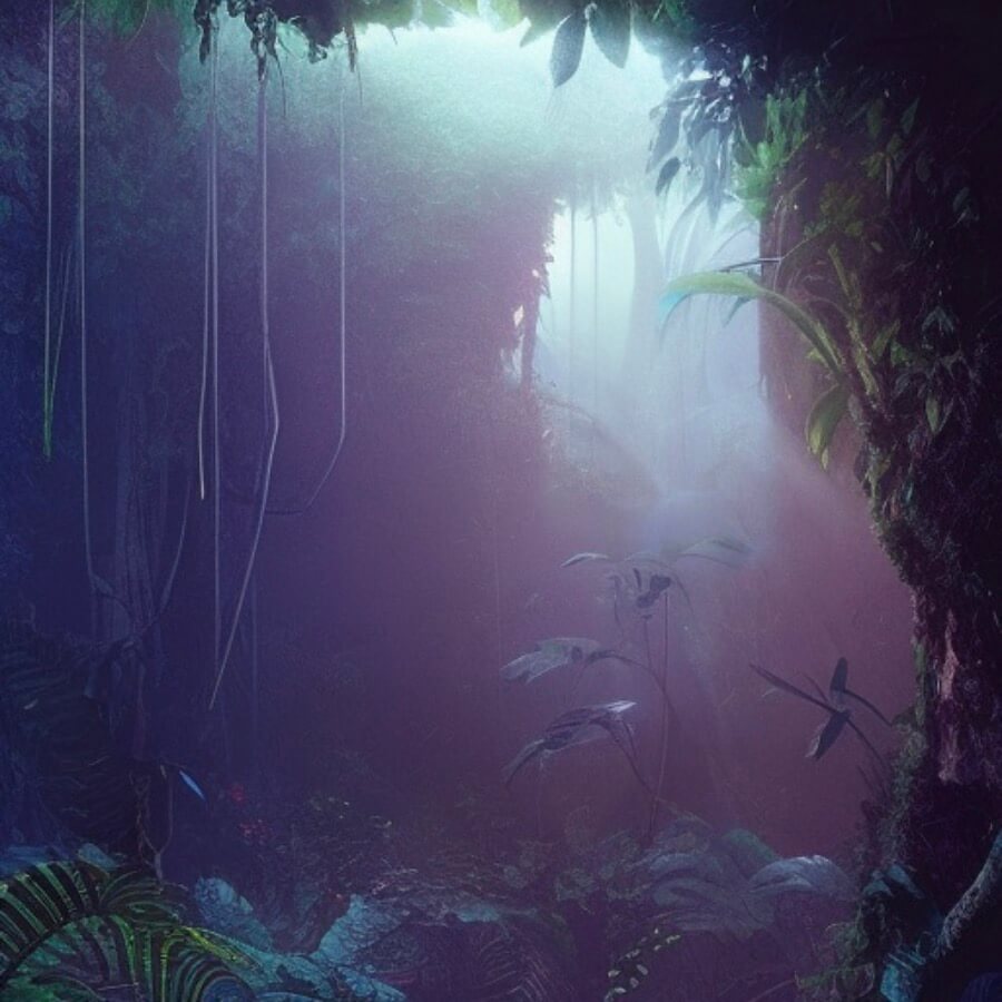 Painting of a dark purple forest with a blueish shine coming through, similar to colors Elementor uses in the corporate design