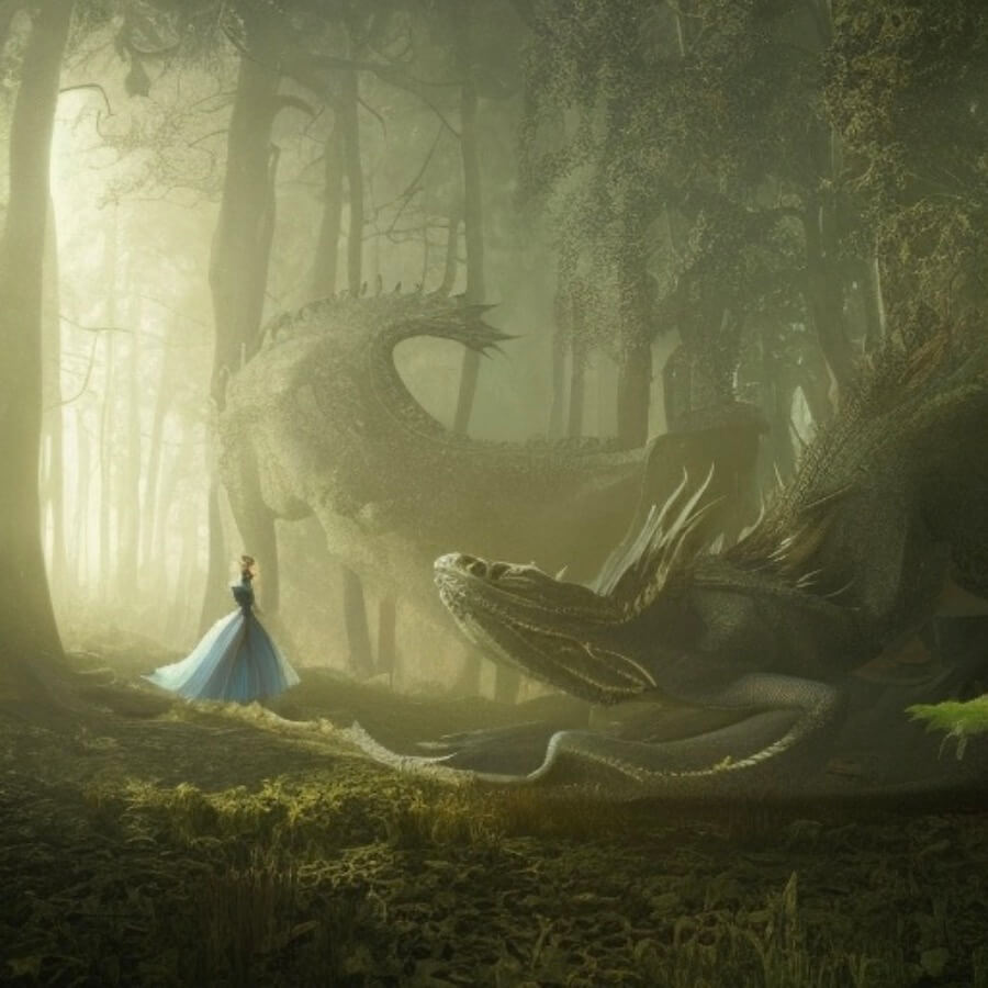 Painting of a fairytale princess in a forest talking to a giant green dragon