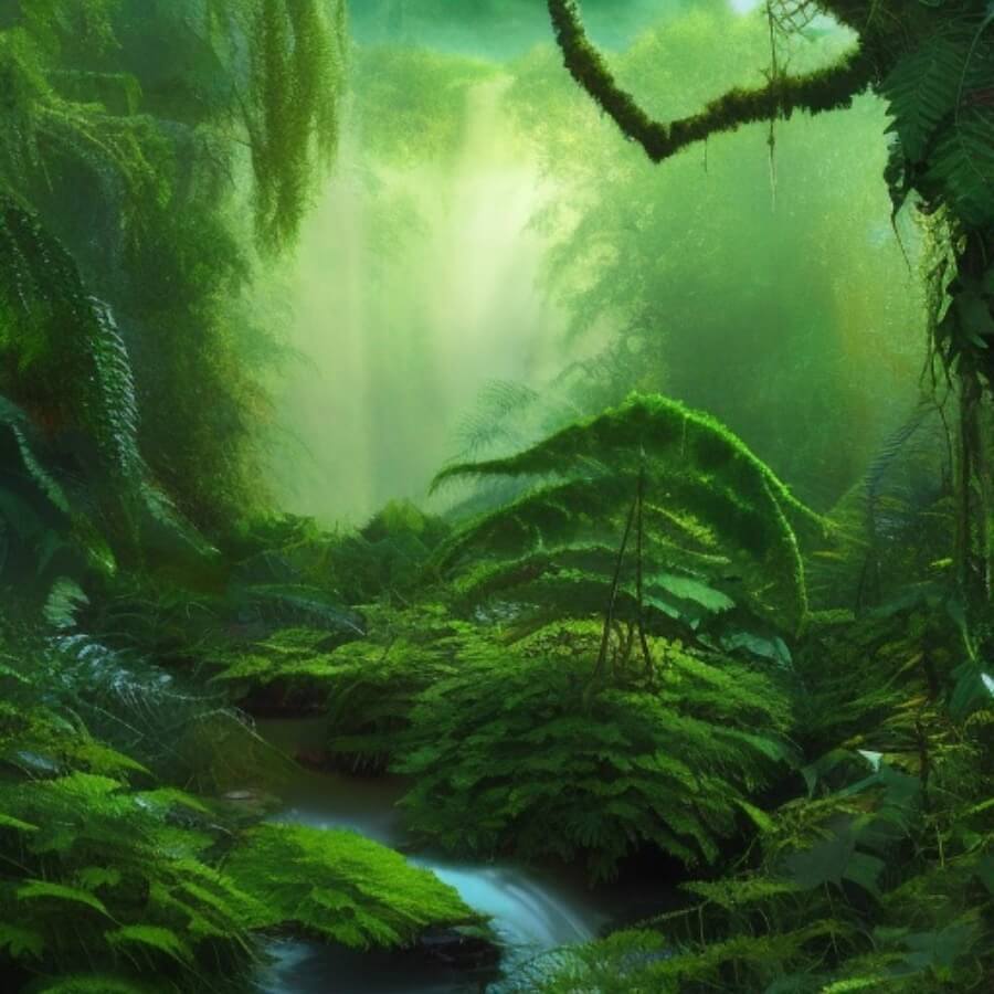 Painting of a deep green jungle and a small brook