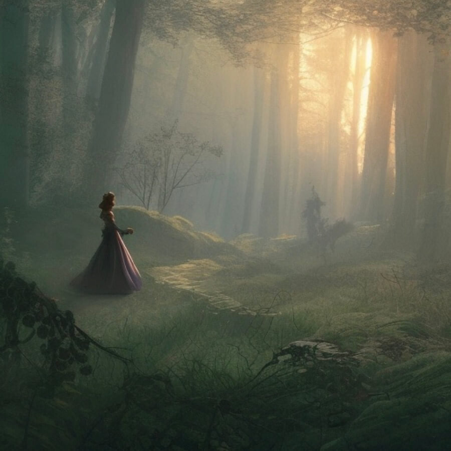 Painting of a lady in an antique dress standing alone in a dark wood, sunlight seeps through the trees far ahead.