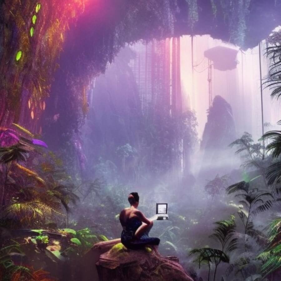 Image of a sole person sitting in a purple jungle with a laptop