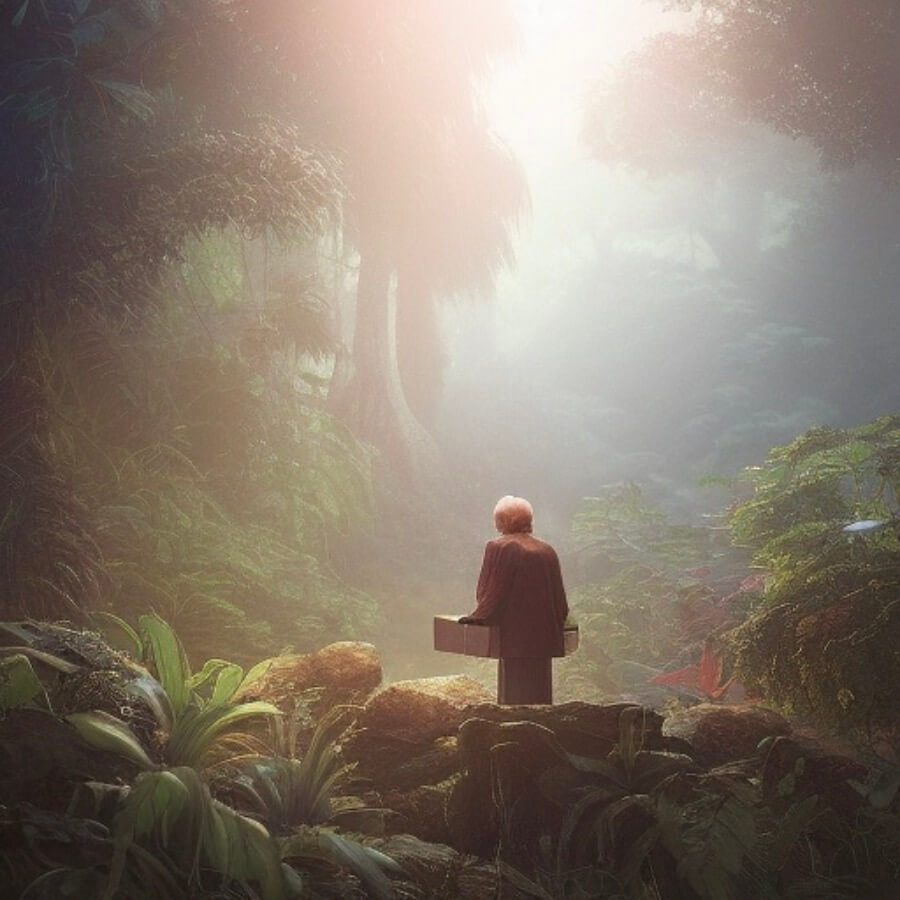 Painting of an old lady in a jungle, standing at a presentation desk, seen from behind.