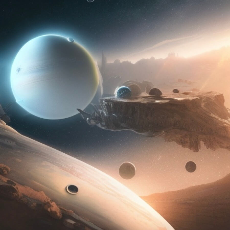 Painting of a fantasty universe with a white moon, debris and slightly red nebula
