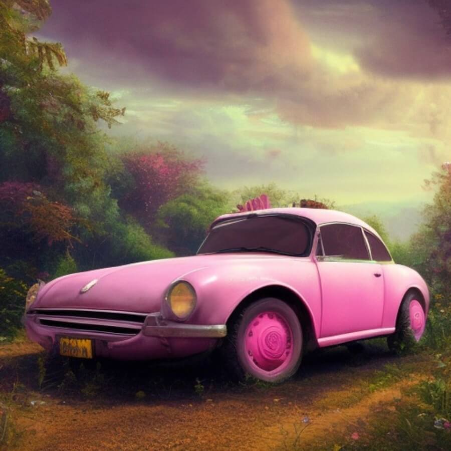 Painting of a pink fantasy car with pink wheel elements.