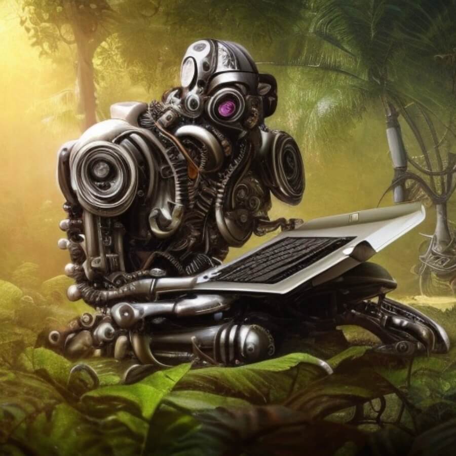 Drawing of a sitting robot in the jungle with a computer keyboard.