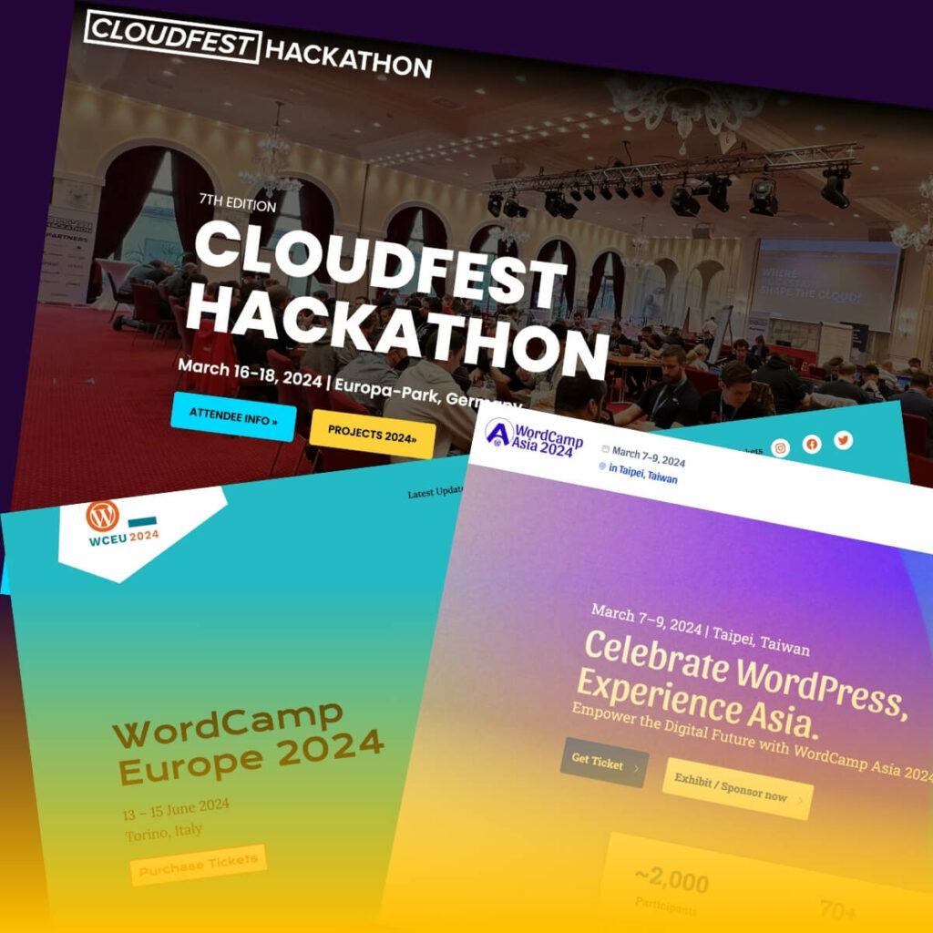 Collage of screenshots of the websites of WordCamp Europe 2024, Wordcamp Asia 2024 and the 2024 CloudFest Hackathon.