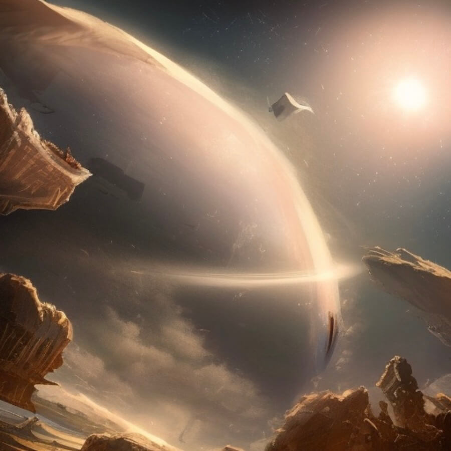 Outer space fantasy image with planets and a ufo.