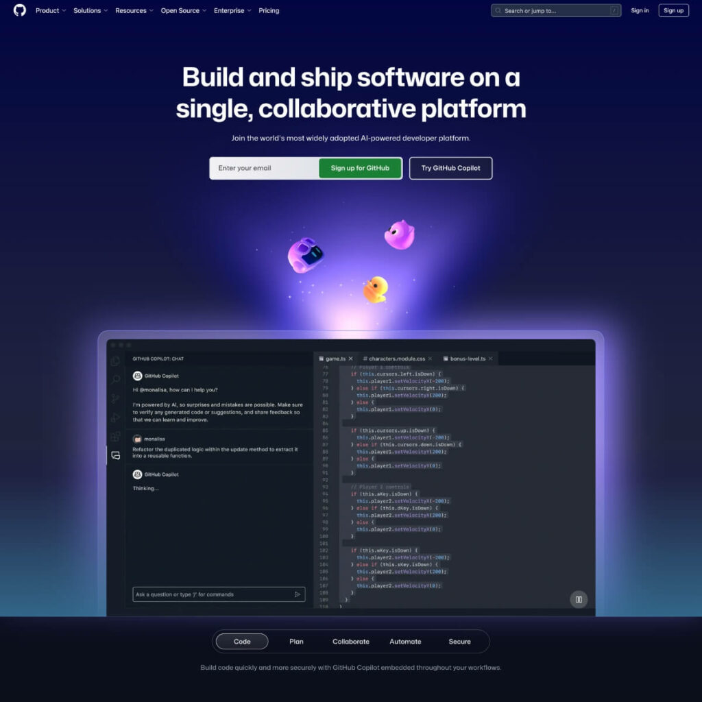 The new landing page of GitHub as published in March 2025. A stunning dark and still colorful design.