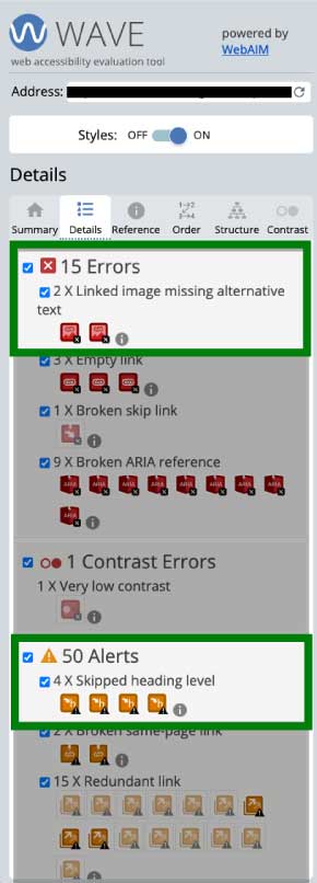WAVE WebAIM results highlighting two issues: two linked images missing alt text and four skipped heading levels. The other results have been made less visible with a dark transparent layer.