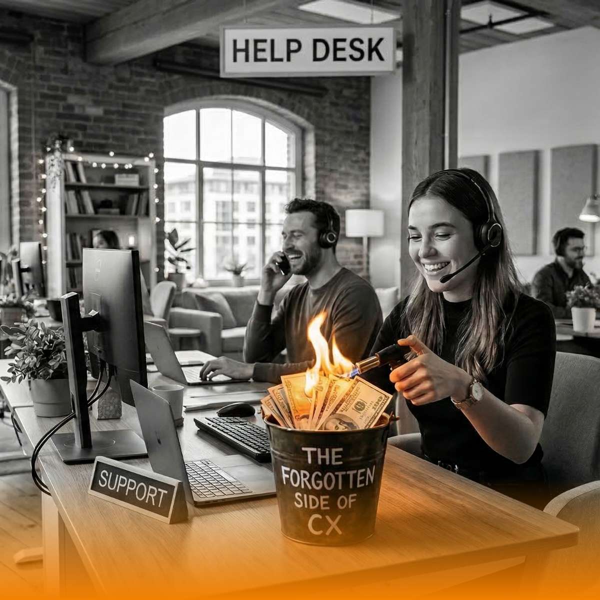 Photo of a smiling woman at a support desk setting fire to a bucket of dollar bills labelled "The Forgotten Side of CX". A colleague takes a call behind her. Signs read "Help Desk" and "Support".
